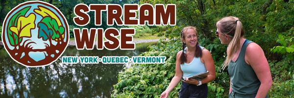 A Steam Wise assessor speaks to a landowner about the state of their riverbank. Photo courtesy of Stream Wise. Two women talking next to forested stream.